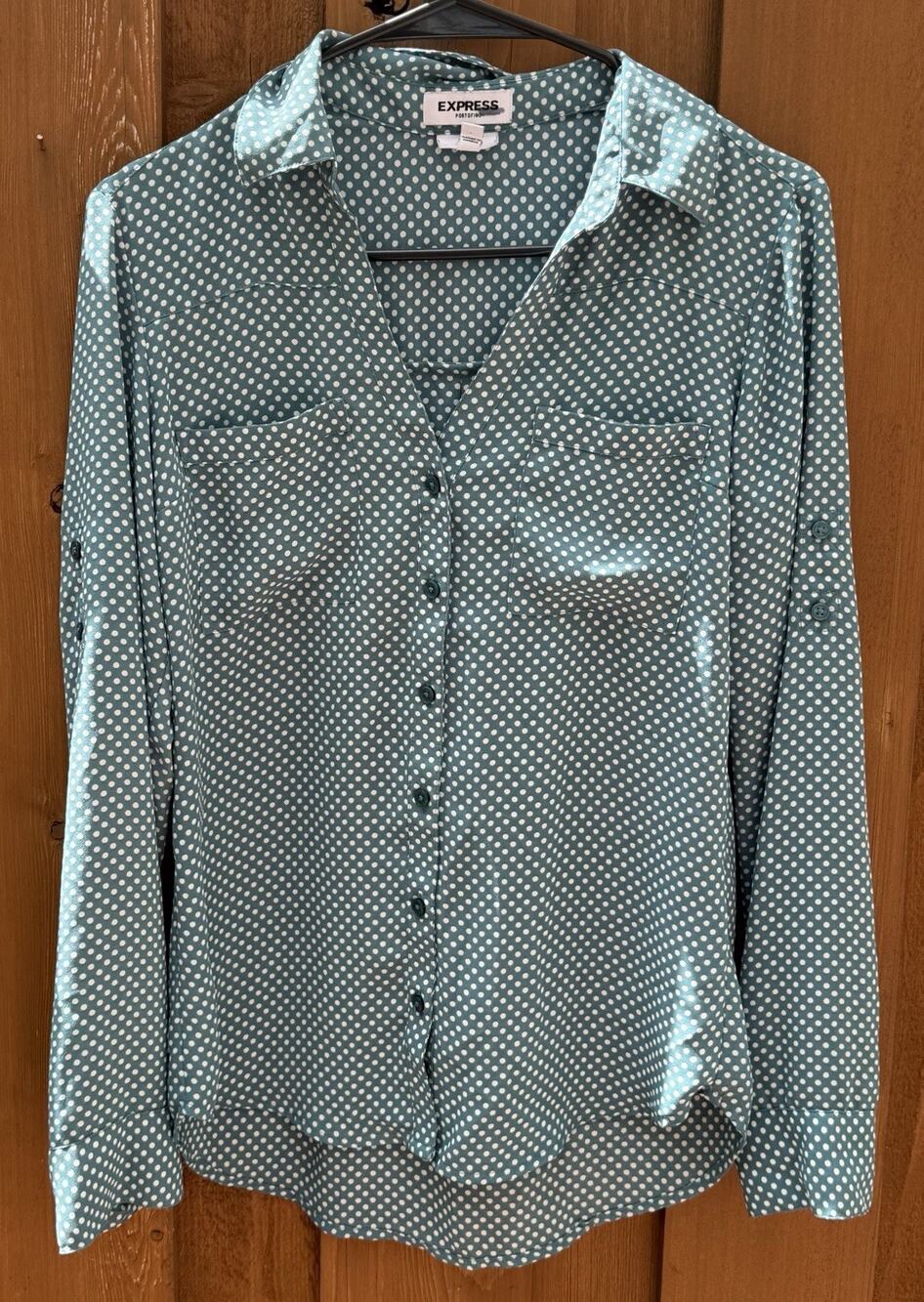 Express Original Fit The Convertible Sleeve Shirt Green Polkadot Womens Small